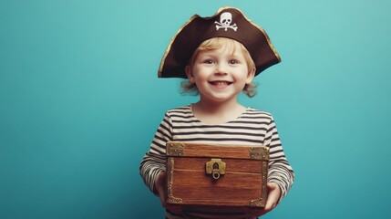 Happy toddler boy in pirate costume holding a treasure chest against a blue background.