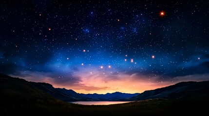 Night Sky Landscape with Sunset and Stars