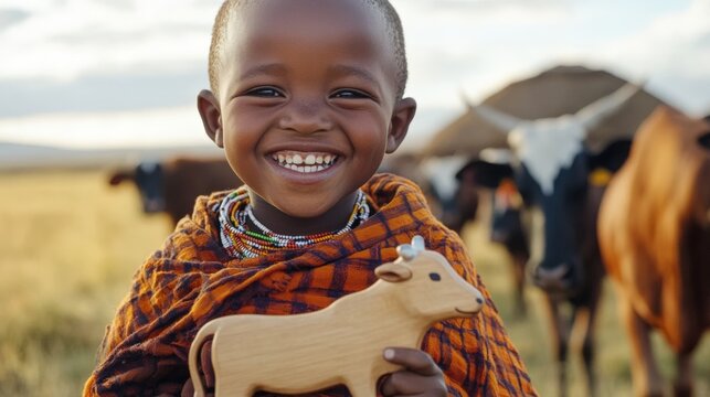 A Maasai child smiling brightly, holding a wooden toy cow in one hand and standing in front of a herd of cattle, with a manyatta hut and golden savanna grass stretching out behind them