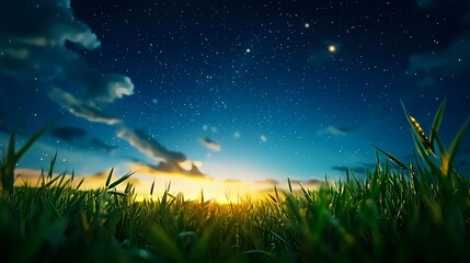 Night Sky Over Grassy Field at Sunrise