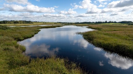 Fototapeta premium Calm river reflecting clouds, summer landscape, rural wetland