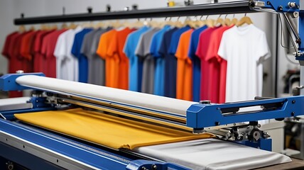 Industrial T-Shirt Printing Machine with Colorful T-shirts, A close-up view of a modern industrial t-shirt printing machine,