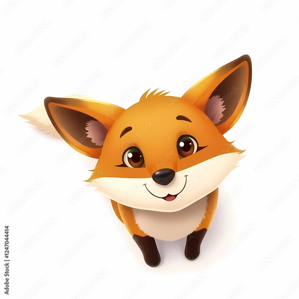 Poster cute cartoon fox looking up with a friendly expression against a plain background. generative ai