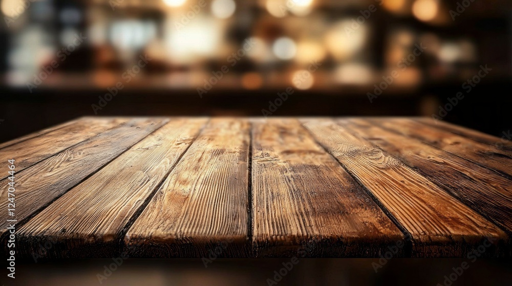 Poster a rustic wood table top stands prominently, inviting creativity and warmth. a softly blurred kitchen