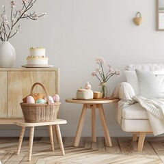 Modern living room with Easter basket and cake on table