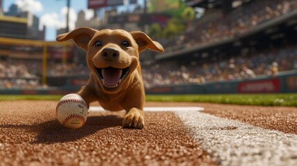 Happy dog with baseball on a field.