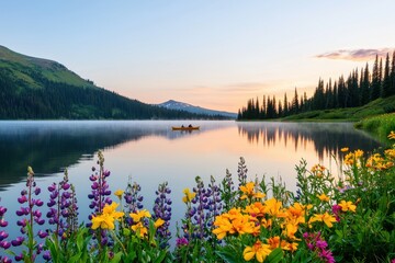 Serene Lake Reflection with Flowers and Kayak at Sunrise