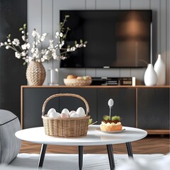 Modern living room with Easter basket and cake on table