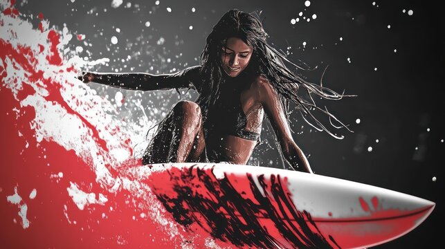 A female surfer with long dark hair rides a wave, splashing red and white water.