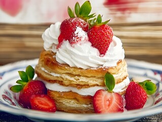 Strawberry Cream Puff Delight: A mouthwatering dessert with layers of flaky puff pastry, whipped cream, and fresh strawberries, dusted with powdered sugar.