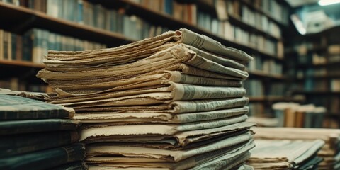 Vintage scene of stacked books and newspapers in a study room. A collection of old historical literature, ideal for research and learning.