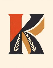 the letter "K" in ancient Roman font with colorful lines and wood-like texture, on a white background, including red, black, and brown blocks.