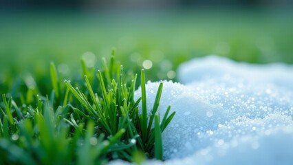 Green Grass Covered with Fresh Snow on a Sunny Day