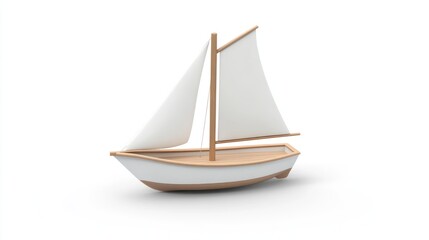 Obraz premium Small white and beige wooden toy sailboat isolated on white background.