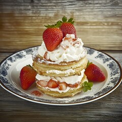 Strawberry Shortcake Delight: A delectable two-layer strawberry shortcake, generously layered with whipped cream and fresh strawberries, sits on a vintage-style plate.