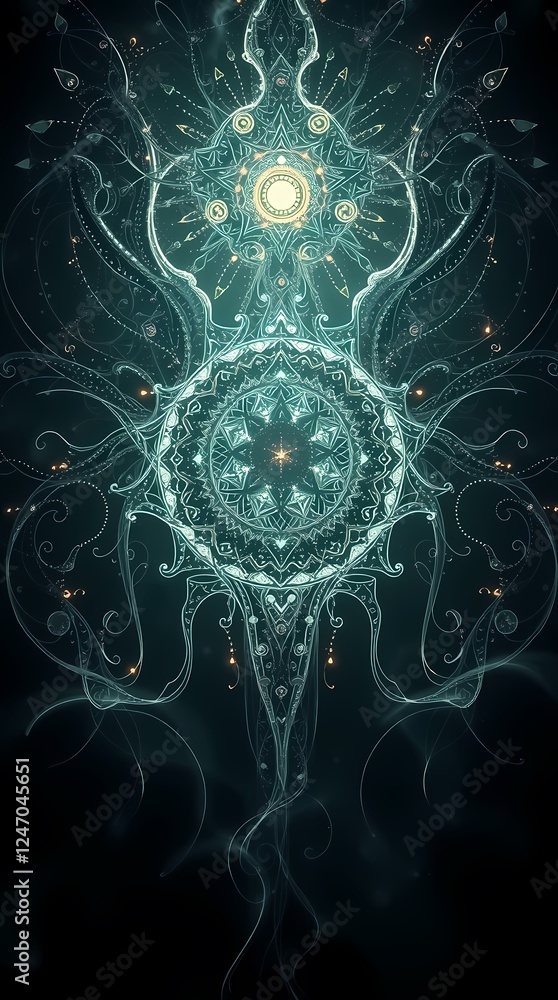 Poster intricate abstract design showcasing glowing patterns and shapes in dark hues. generative ai