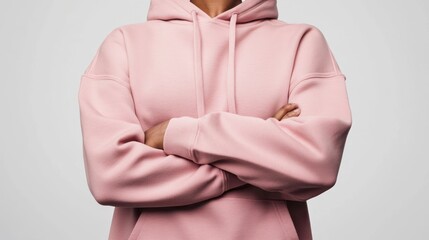 Close-up of a person wearing a pink hoodie with arms crossed.