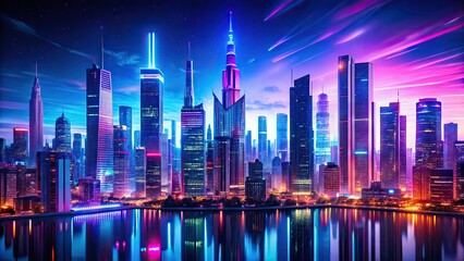Futuristic Neon Pixel Panoramic Cityscape - AI Art