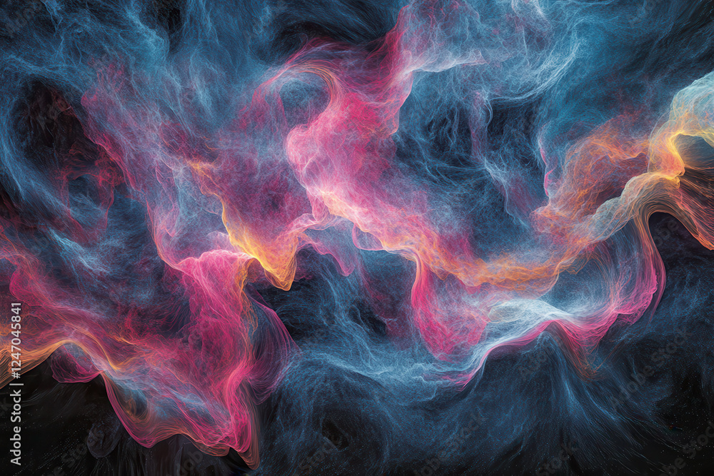 Poster abstract visualization of pink and blue wave frequencies as particles moving through a medium set ag