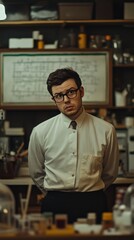 Obraz premium Pensive young man in a lab coat stands in a cluttered laboratory, looking thoughtfully to the side.