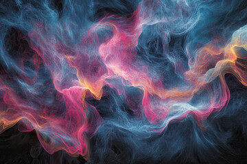 Fototapeta premium Abstract visualization of pink and blue wave frequencies as particles moving through a medium set against a dark backdrop
