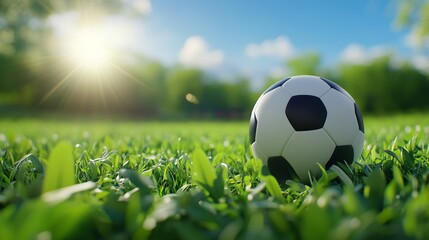 Fototapeta premium Soccer Ball Surrounded by Fresh Green Grass in a Sunny Field - A soccer ball rests on vibrant green grass under a clear blue sky symbolizing playfulness, outdoor activity, teamwork, freshness