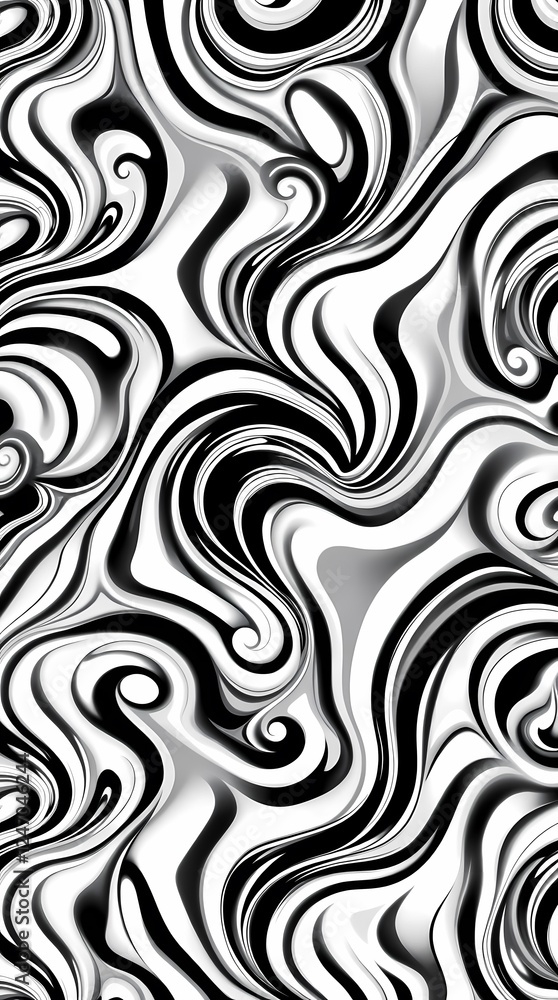 Poster swirling black and white abstract patterns create dynamic visual movement in a modern design. genera