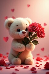 Cute teddy bear holds red roses surrounded by pink hearts for a romantic occasion or celebration