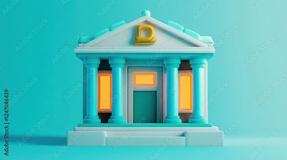 Poster 3d rendering of a stylized bank building with a 'd' symbol, representing digital finance or decentra