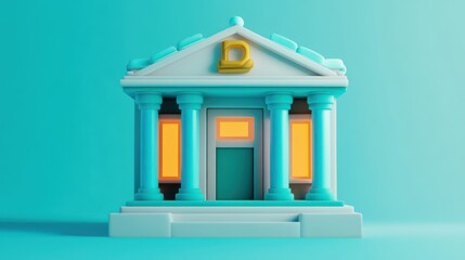 3D rendering of a stylized bank building with a 'D' symbol, representing digital finance or decentralized banking.