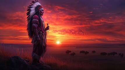 A Native American chief standing on a hill at sunset, wearing a full feather war bonnet and holding a peace pipe, gazing thoughtfully over the open plains with a herd of buffalo in the distance