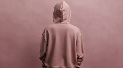 Rear view of a person wearing a pink hoodie against a pink background.