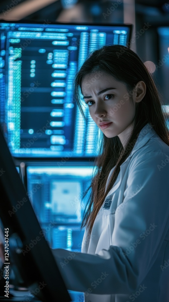 Poster focused female scientist working late at night in a modern lab, analyzing data on multiple computer 