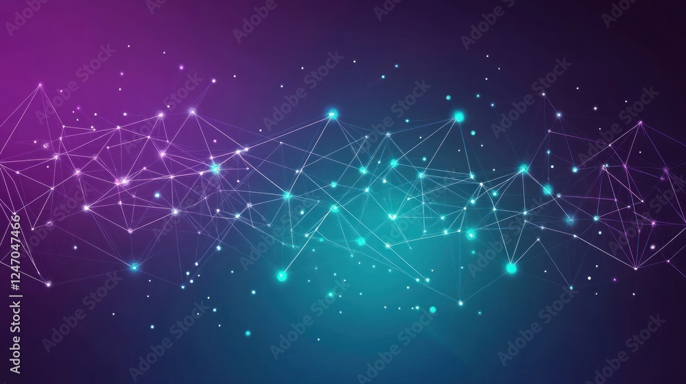 Poster abstract network connection. glowing nodes and lines forming a digital wave on purple and blue gradi