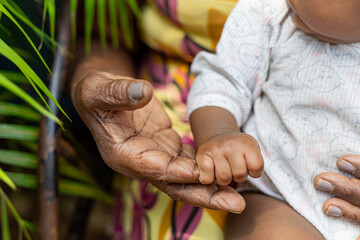 Happy black Great-grandmother with her newborn granddaughter on her lap in a natural environment...