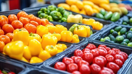 Vibrant Display of Fresh Produce at Grocery Store featuring Yellow Bell Peppers