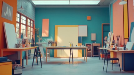 Colorful art studio interior with canvases, easels, paints, and natural light.