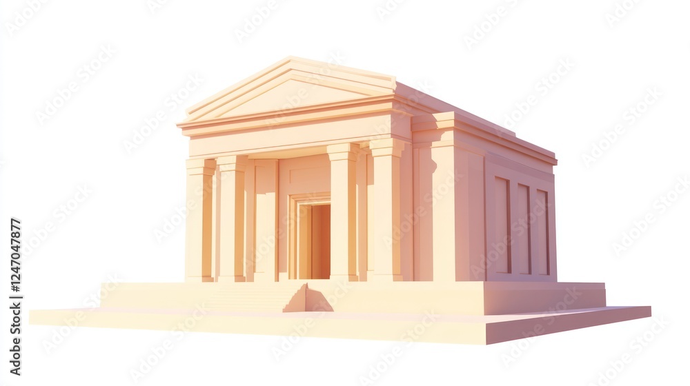 Poster low-poly 3d model of a classical building with columns and steps, isolated on white.