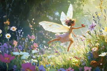Tinkerbell in a Flowery Field: A whimsical fairy in her iconic green dress dances through a vibrant meadow filled with wildflowers and tall grasses, surrounded by a variety of colorful flowers