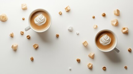 Two cups of coffee with whipped cream and coffee beans on a white background.