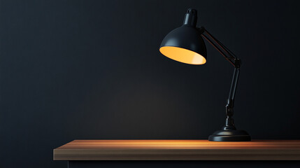 Desk in a minimalistic office setting with a black lamp illuminating the workspace during evening hours