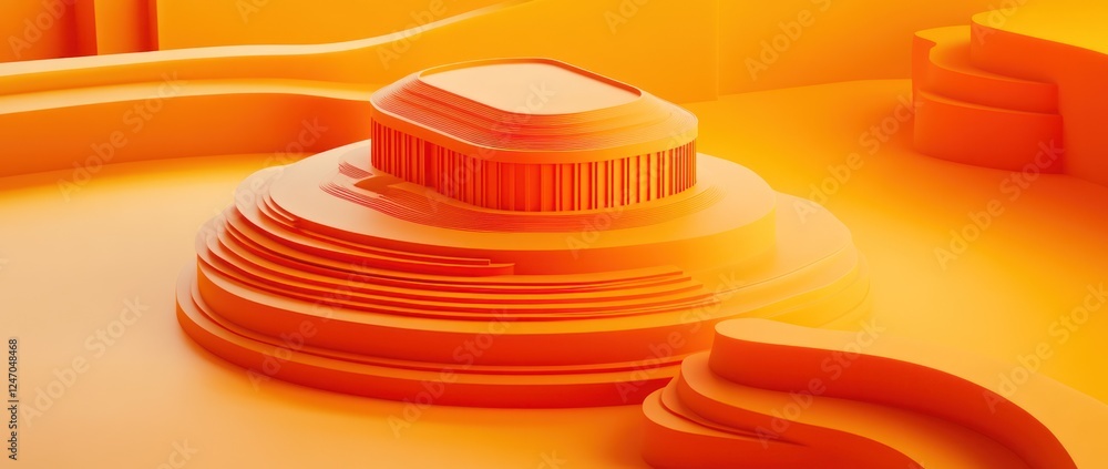 Aufkleber abstract orange architectural model with layered platforms and a central structure.