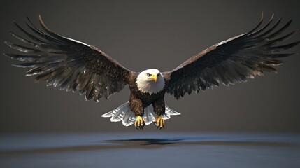 Fototapeta premium Majestic bald eagle in flight, wings spread wide, talons extended.