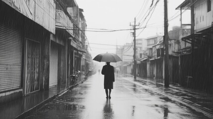 Rainy alley, man with umbrella, city, urban scene, grayscale, background