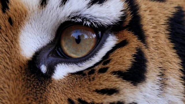 Siberian tiger eye gradually closing in mesmerizing slow motion, revealing intricate fur texture and distinctive markings of powerful feline predator