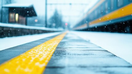 Winter train journey in snowy landscape with focus on yellow line