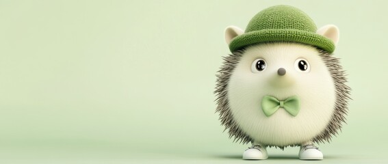 Fototapeta premium Cute cartoon hedgehog wearing a green hat and bow tie against a light green background.