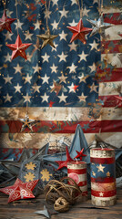 Rustic Charm in Patriotic Crafts: Hand-Carved Flag and Old-Fashioned Candles