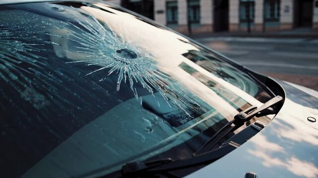 Hailstones impacting a car windshield, creating cracks and damage, captured in slow motion, showcasing the force of nature during a hailstorm