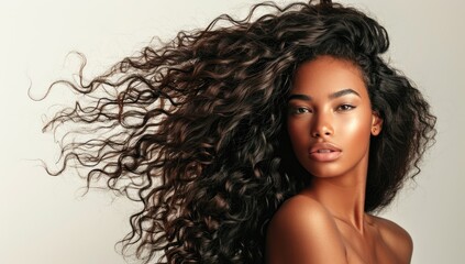 Beautiful African American woman with long curly hair on black background